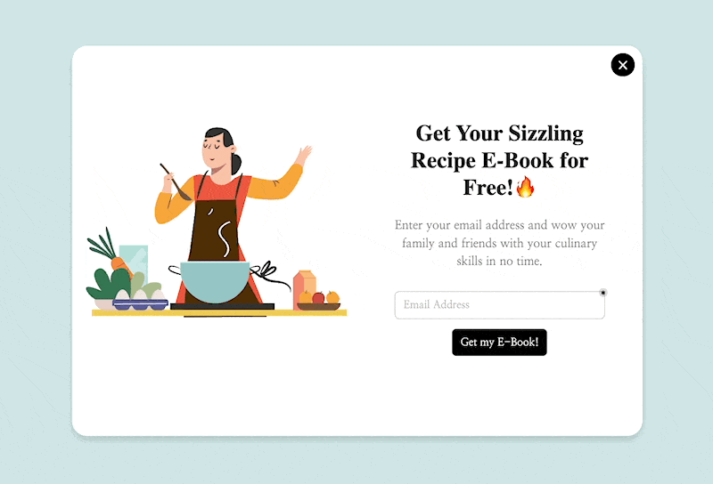 An animated lightbox popup with a female illustration cooking on the left and a text offering a free e-book followed by an email field and a button