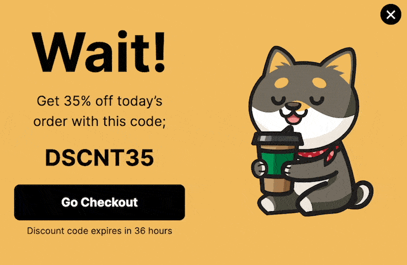 animated popup by Popupsmart with a cat gif drinking a cup of hot beverage and exhaling visibly with a discount offer next to it