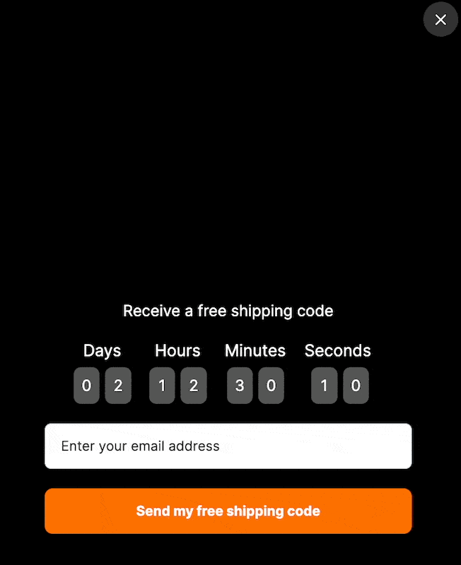 black friday popup with animated "Black Friday" headline followed by a countdown timer and an email box on a black background