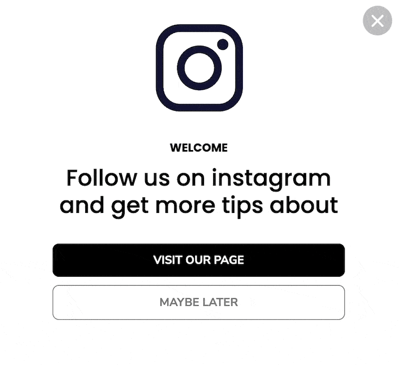 instagram animated popup with animated Instagram logo and "visit our page", "maybe later" buttons below