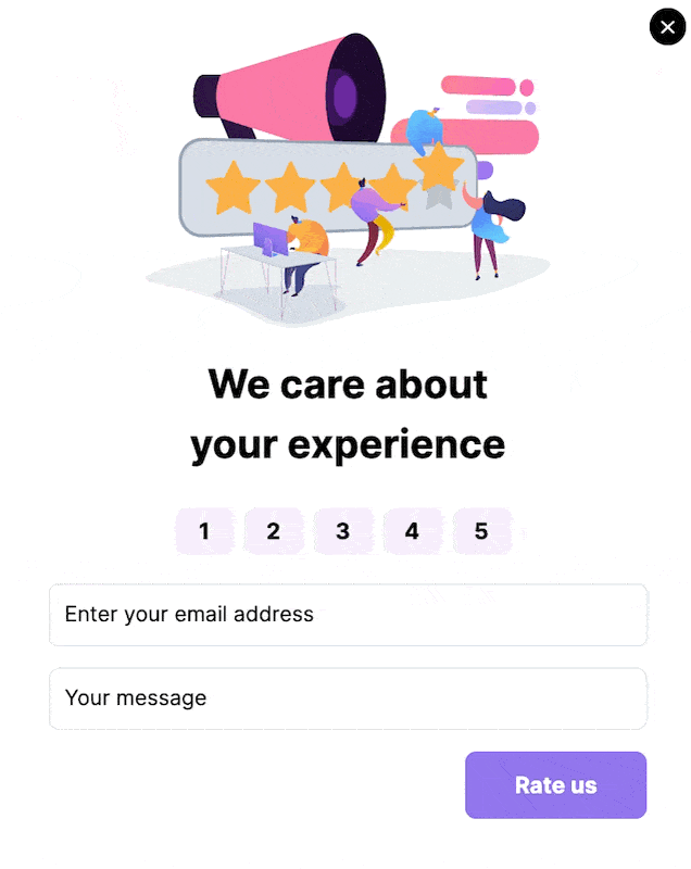 customer feedback animated popup with three people illustration; two are putting up some stars on a feedback bar and one is sitting at the desk