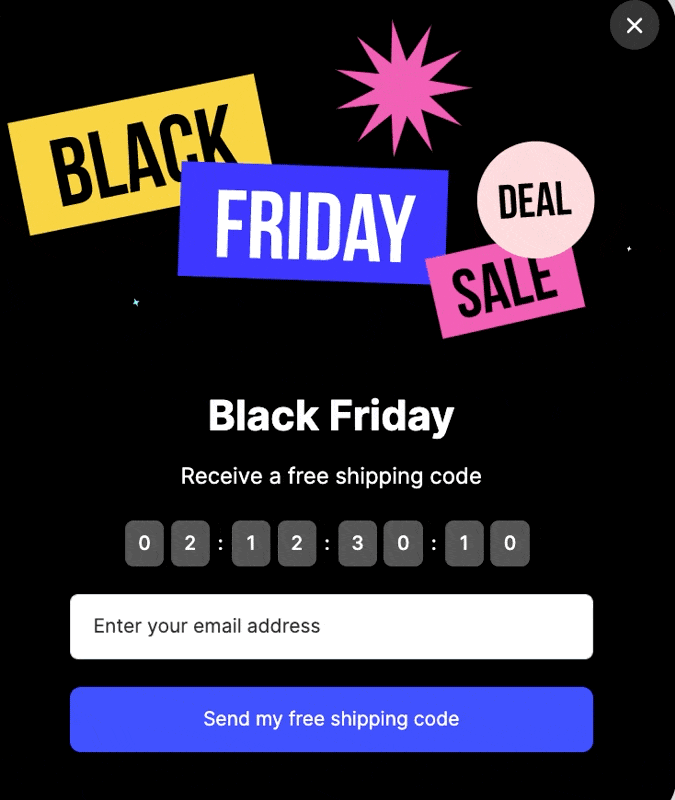 an animated Black Friday popup example with a black background and a countdown timer