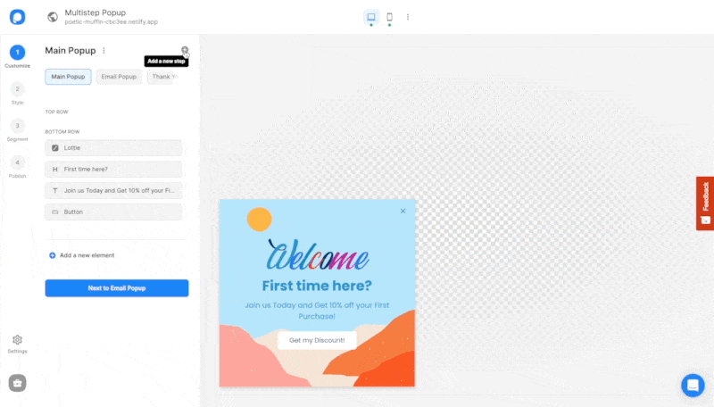 adding a new popup step to the popup campaign on the Popupsmart's popup editor