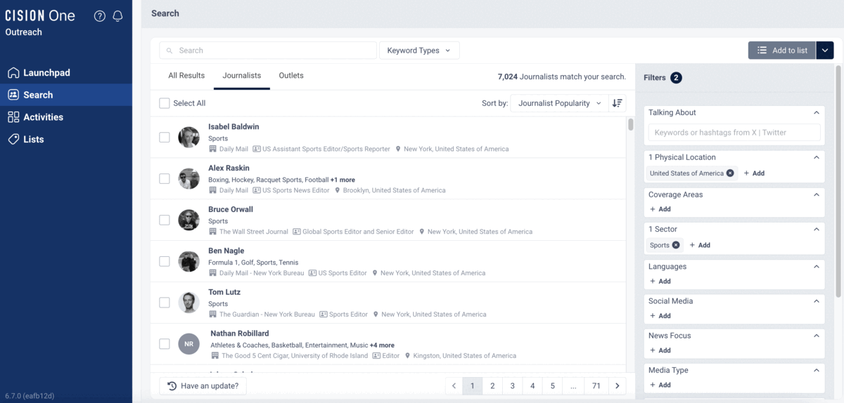 Cision Media Database scrolling between a list of US Journalists, followed by Outlets