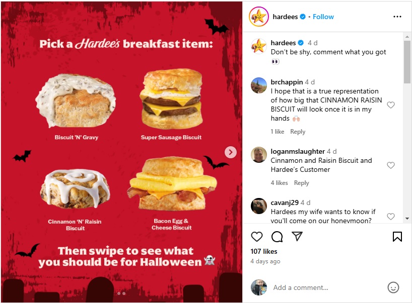 An Instagram post showing festive products from Hardees, including the Cinnamon 'N' Raisin Biscuits.