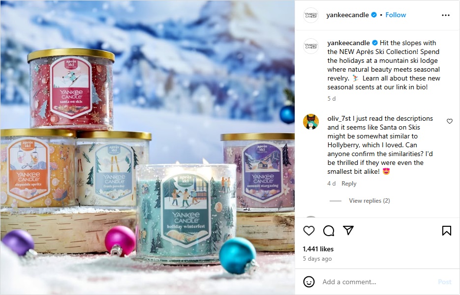 An Instagram post showing six festive Yankee Candle products in a wintery setting.