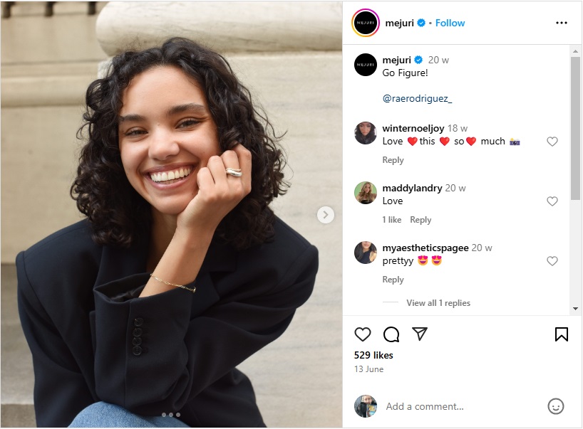 An Instagram post from Mejuri, spotlighting their work with micro-influencer Rae Rodriguez.