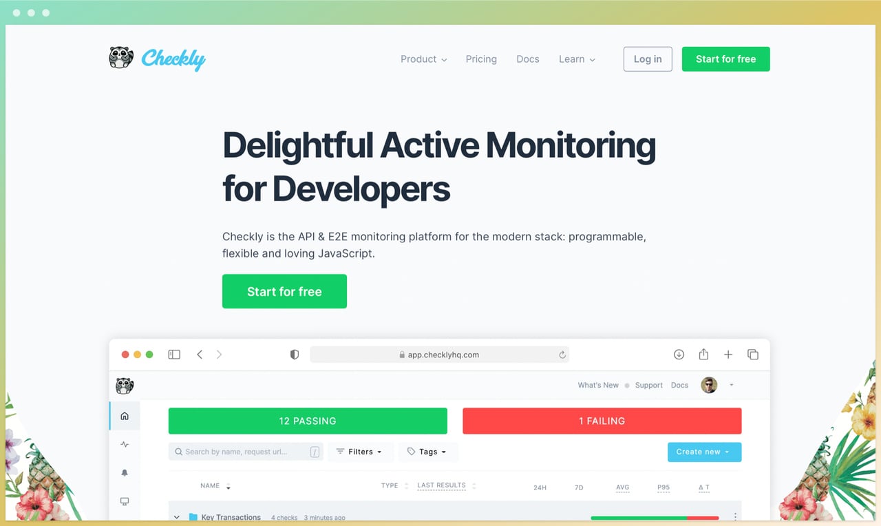 checkly homepage with delightful active monitoring for developers in the center and a green start for free button below followed by an example window