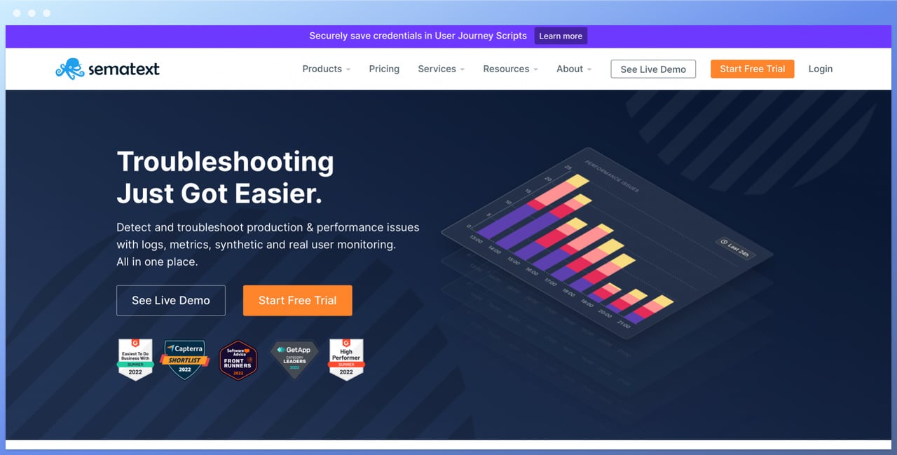 sematext homepage screenshot with troubleshooting just got easier headline on the left with see live demo and start free trial buttons below and a graph illustrator on the right