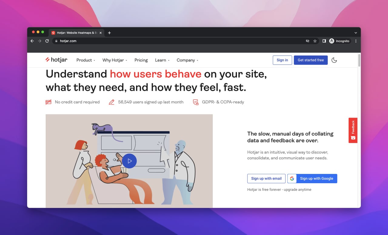 landing page of Hotjar which is a website analytics tool