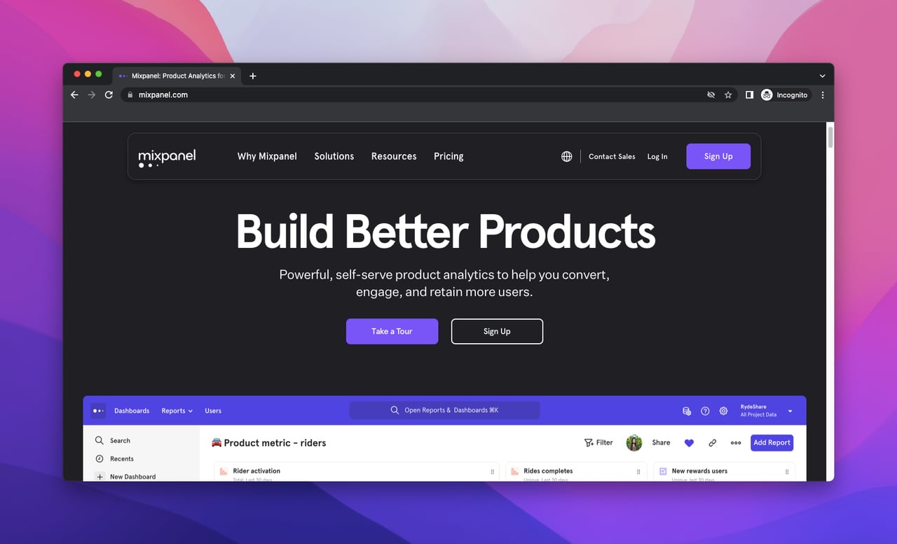 landing page of Mixpanel which is a website analytics tool