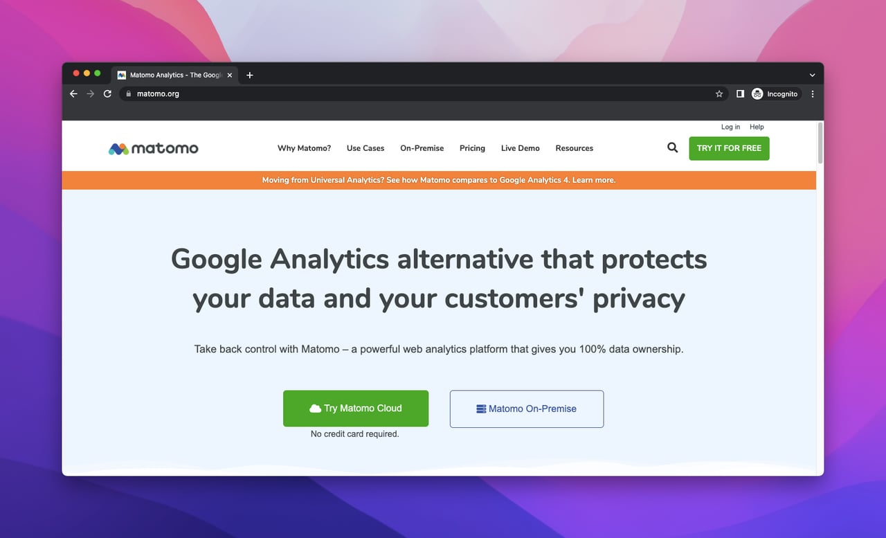 landing page of Matomo which is a website analytics tool