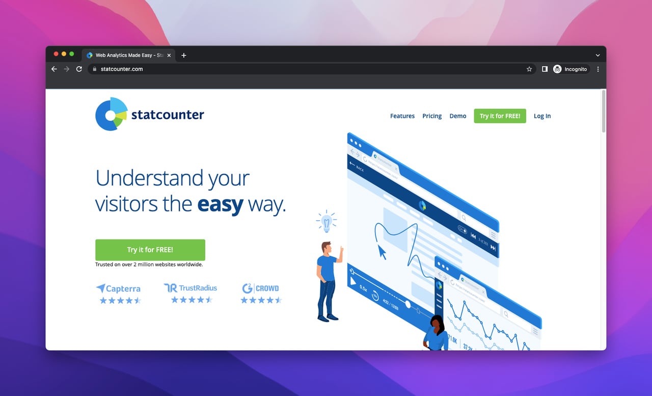 landing page of Statcounter which is a website analytics tool