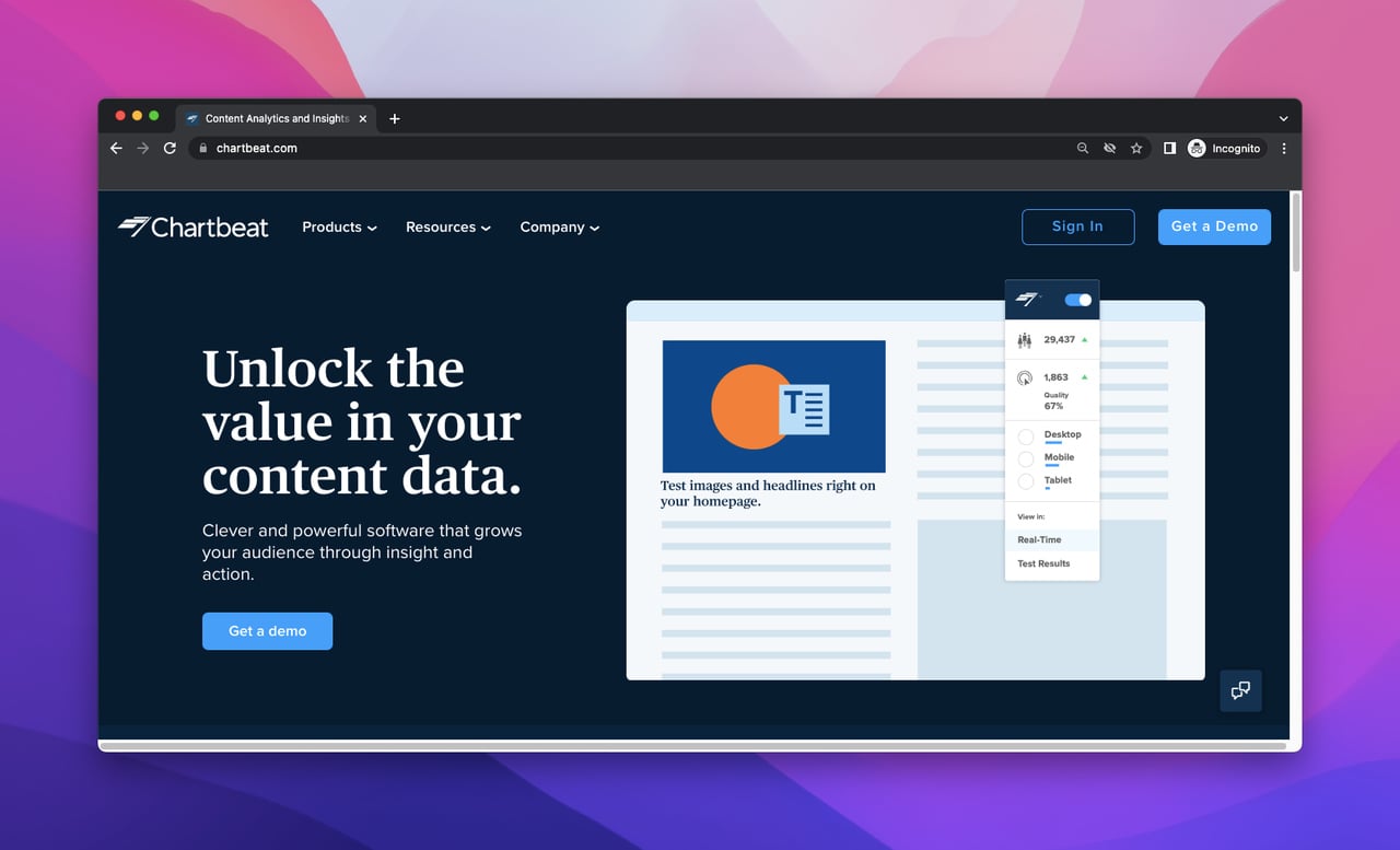 landing page of Chartbeat which is a website analytics tool