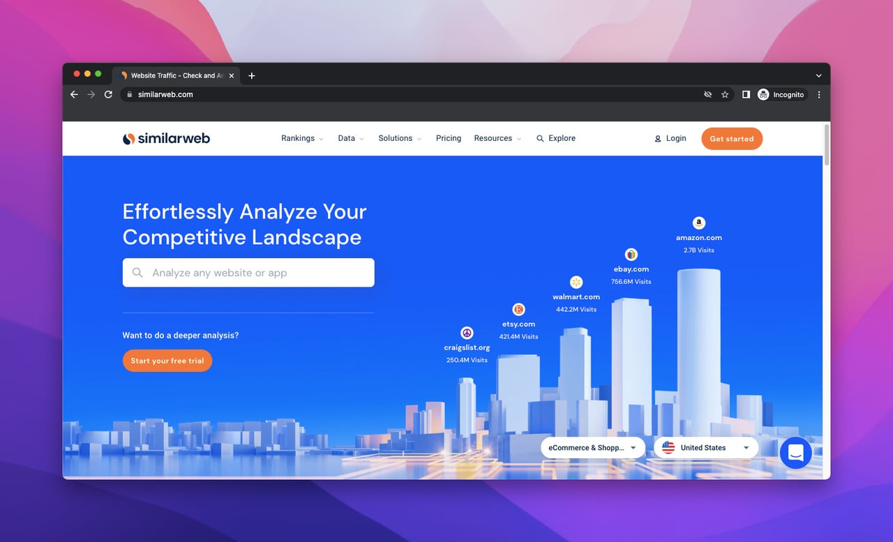 landing page of SimilarWeb which is a website analytics tool