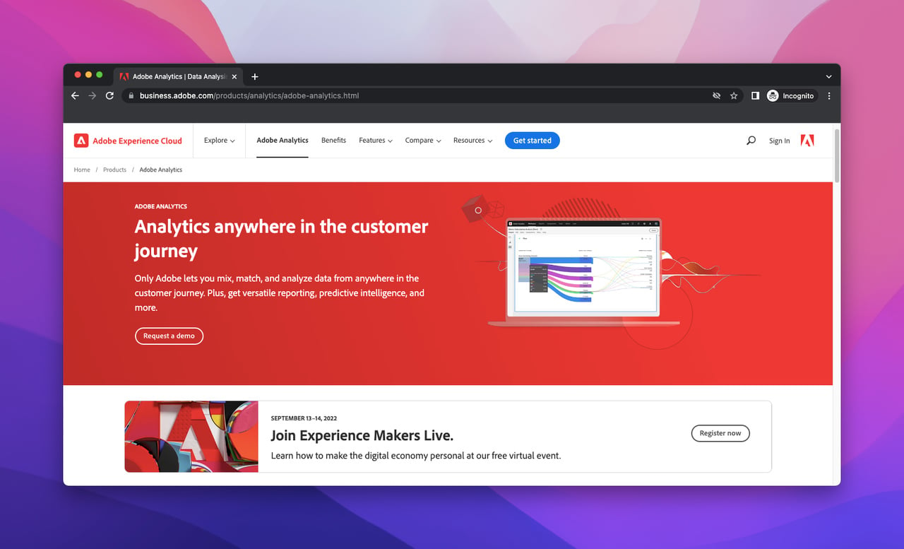 landing page of Adobe Analytics which is a website analytics tool