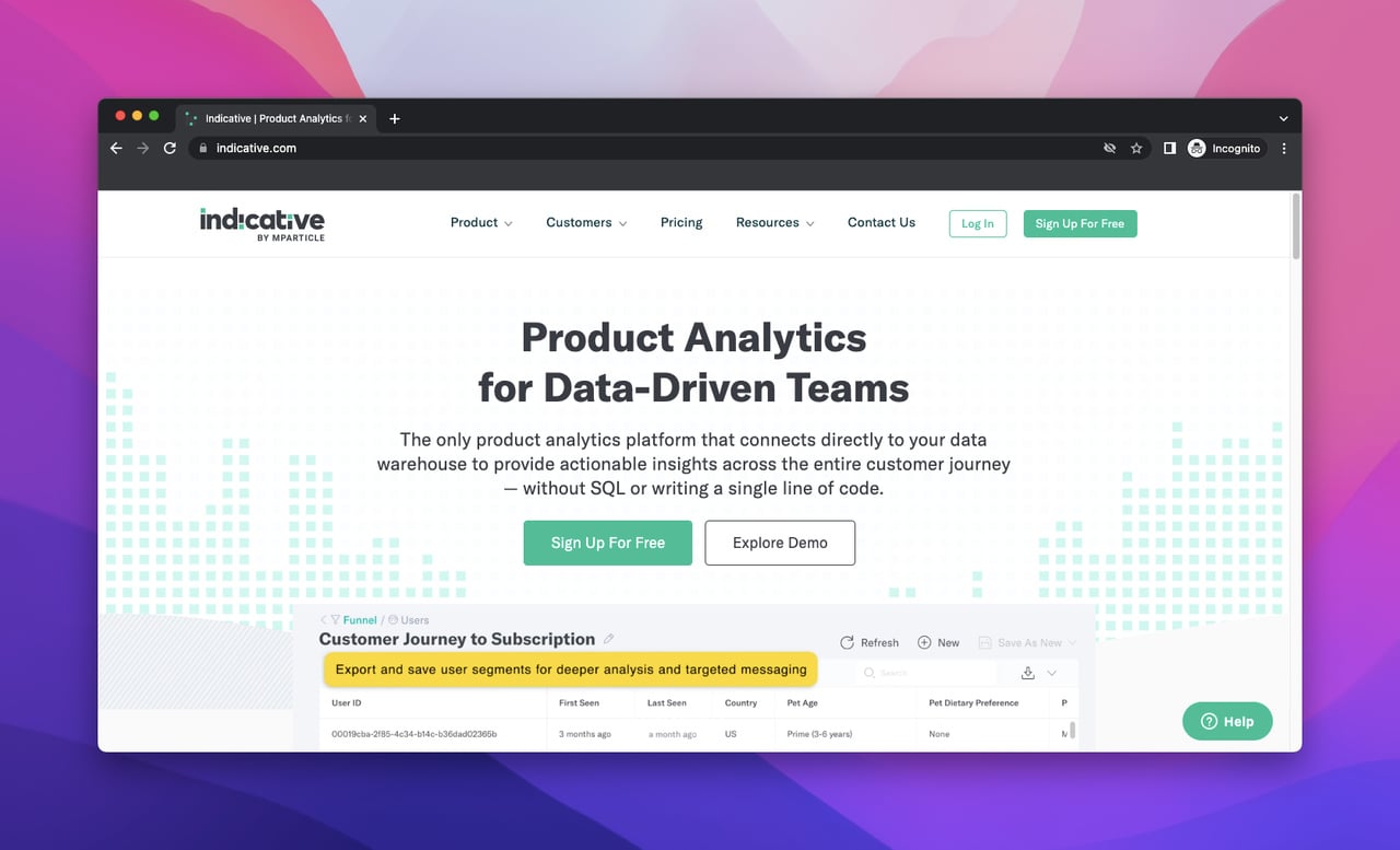 landing page of Indicative which is a website analytics tool