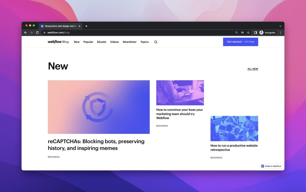 Webflow blog page on a white background with large and small covers and titles