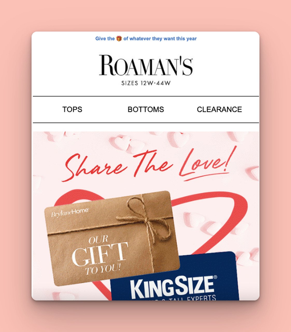 a sample from Roaman brand featuring gift cards for the last minute and sharing the love