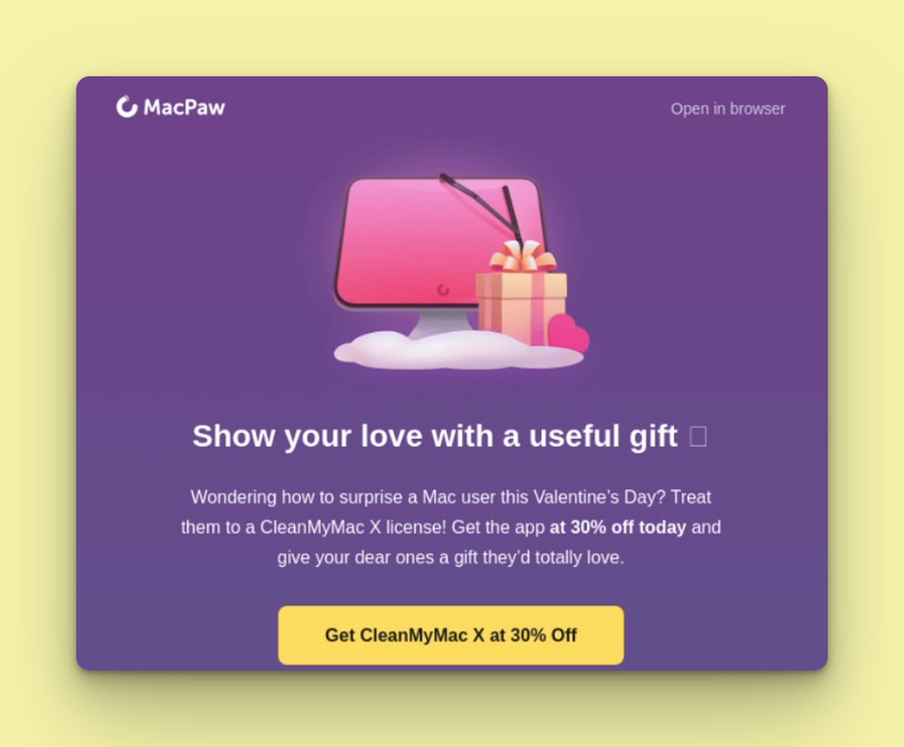 a purple love email suggesting the use of a gift on a yellowish background