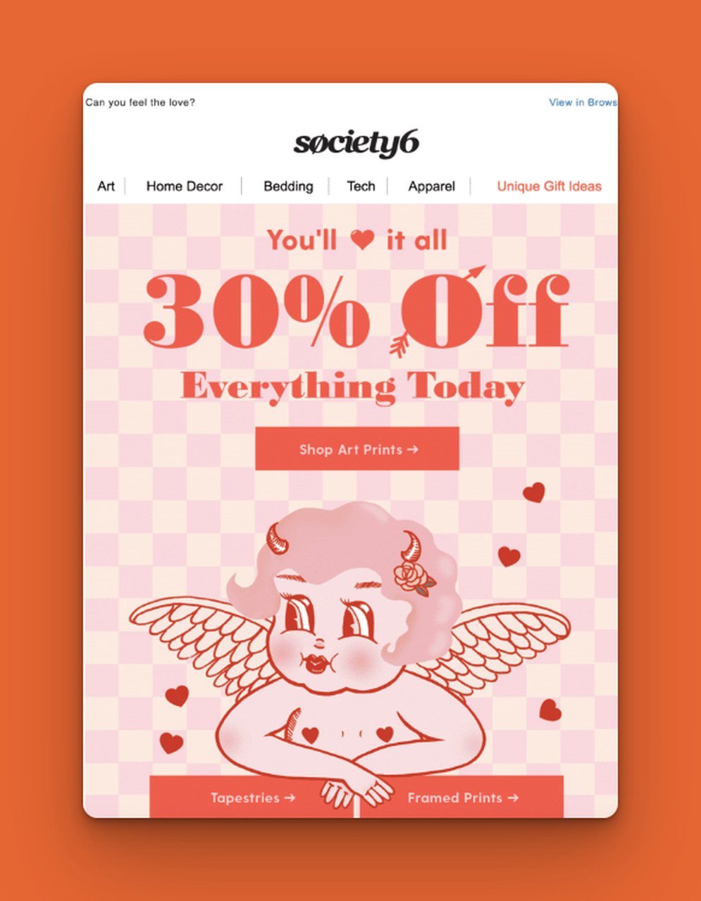 an email featuring Cupid as a figure and sharing a discount on the top with pink and red colors