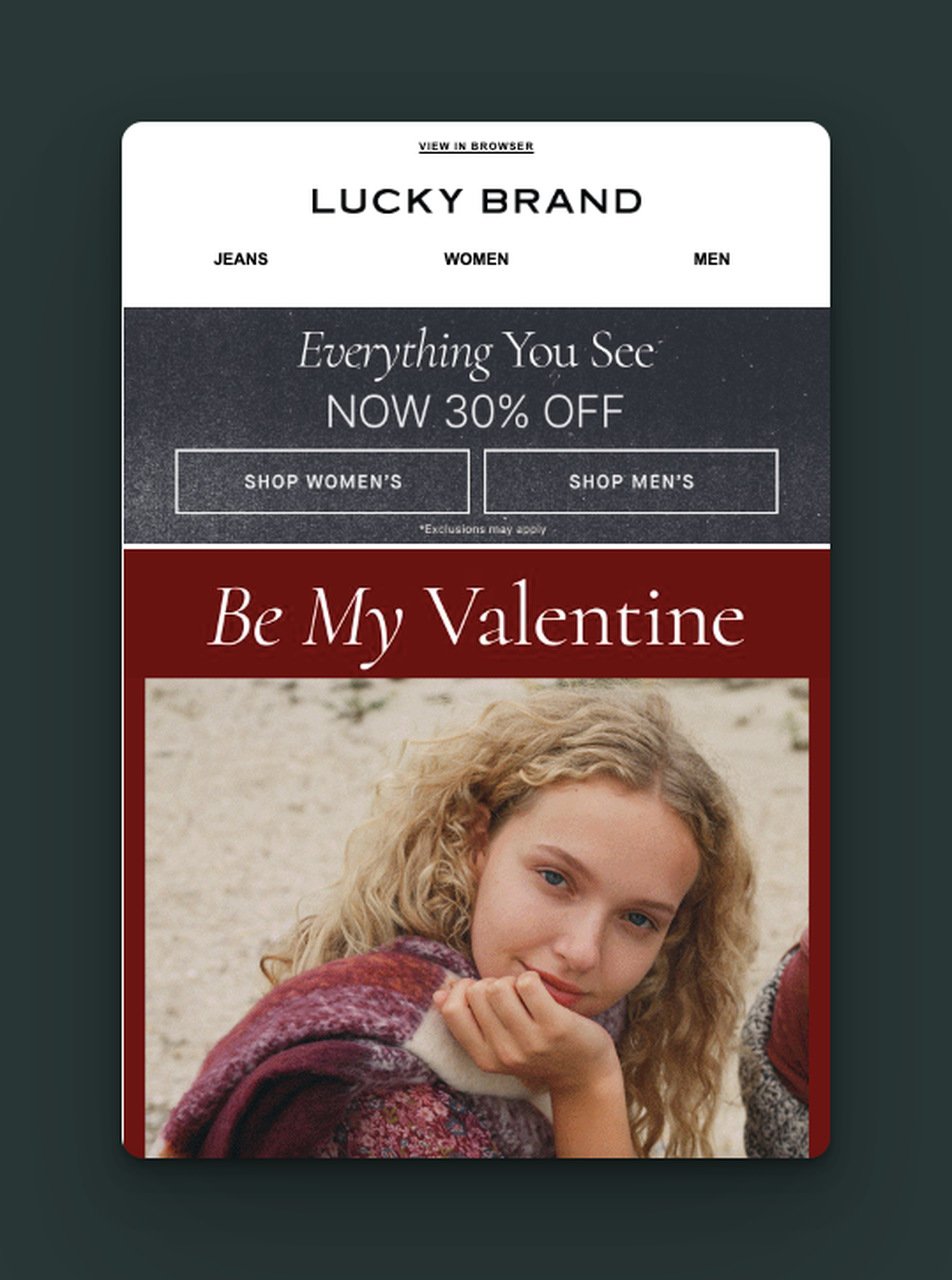 a discount email for Valentine's Day specifically featuring the discount and a beautiful girl