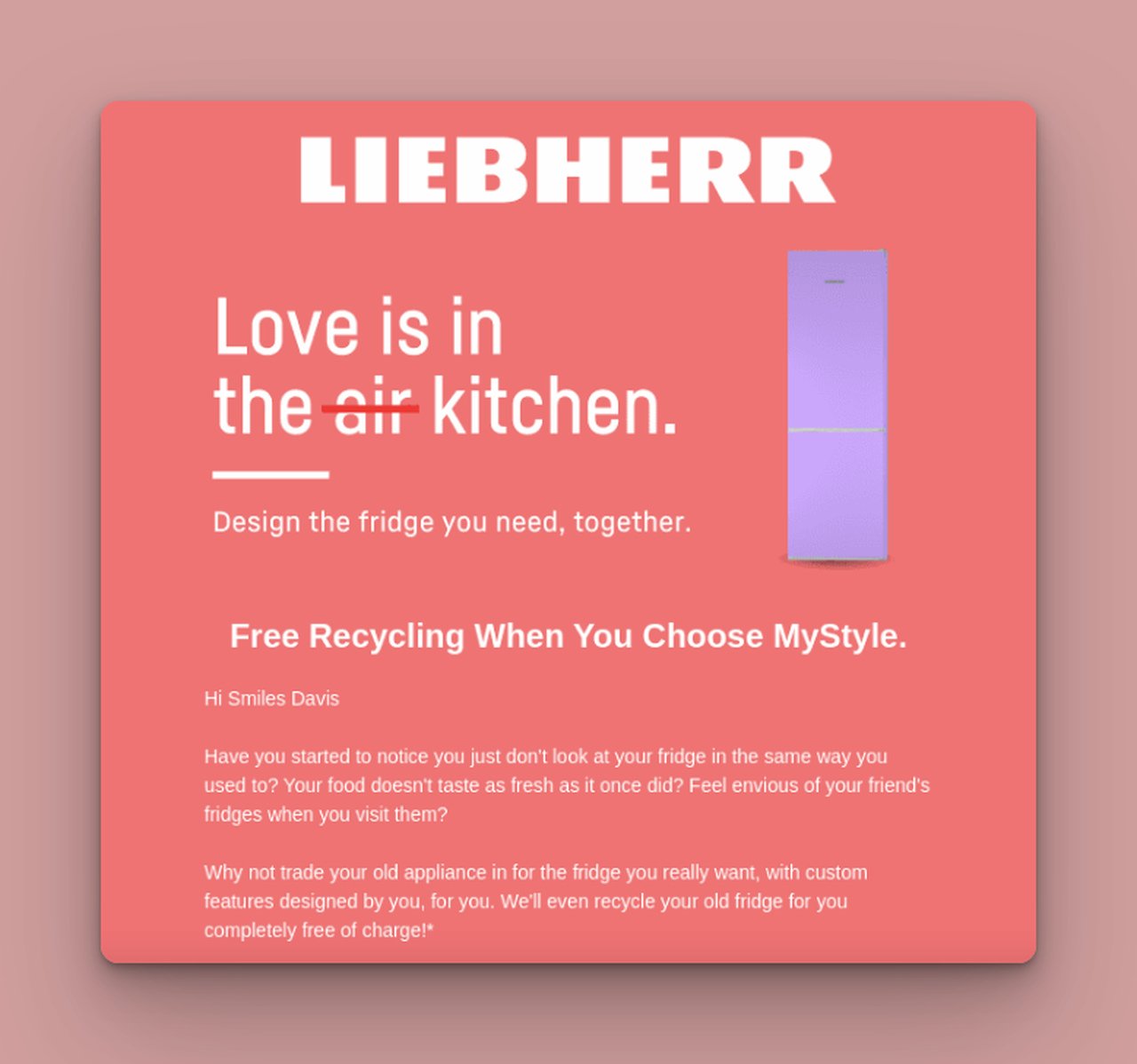 a sample from Liebherr relating love and cuisine concepts together with pink and purple tones