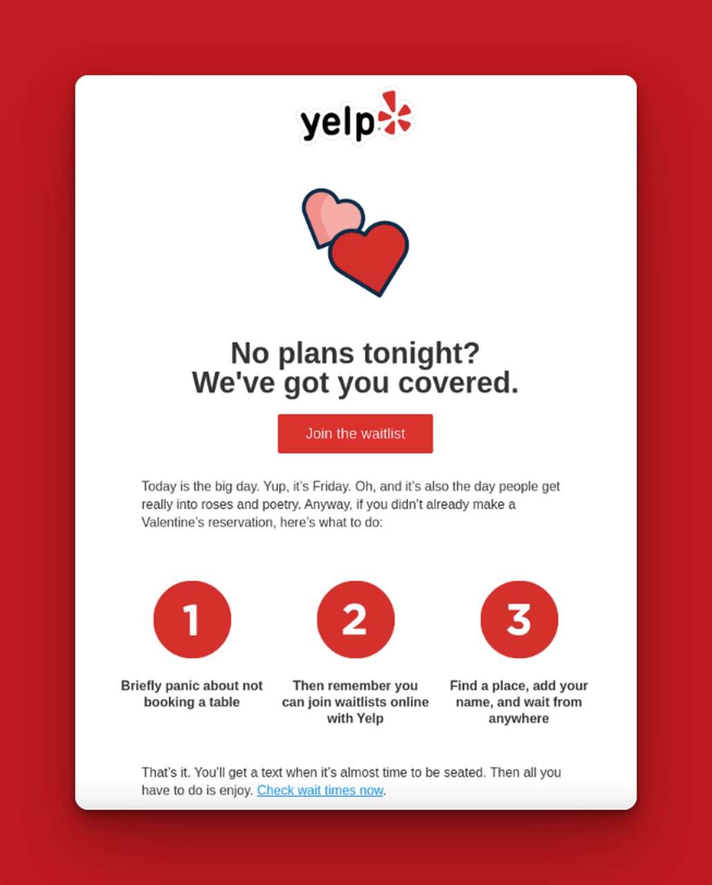 a sample of Yelp recommending a plan for the couples on an email with red background