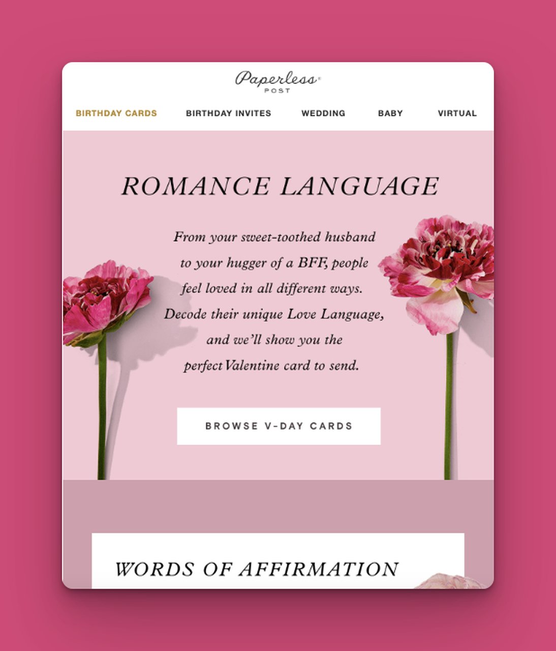 an email sample with rose and lovely words on a pick background highlighting the romance language