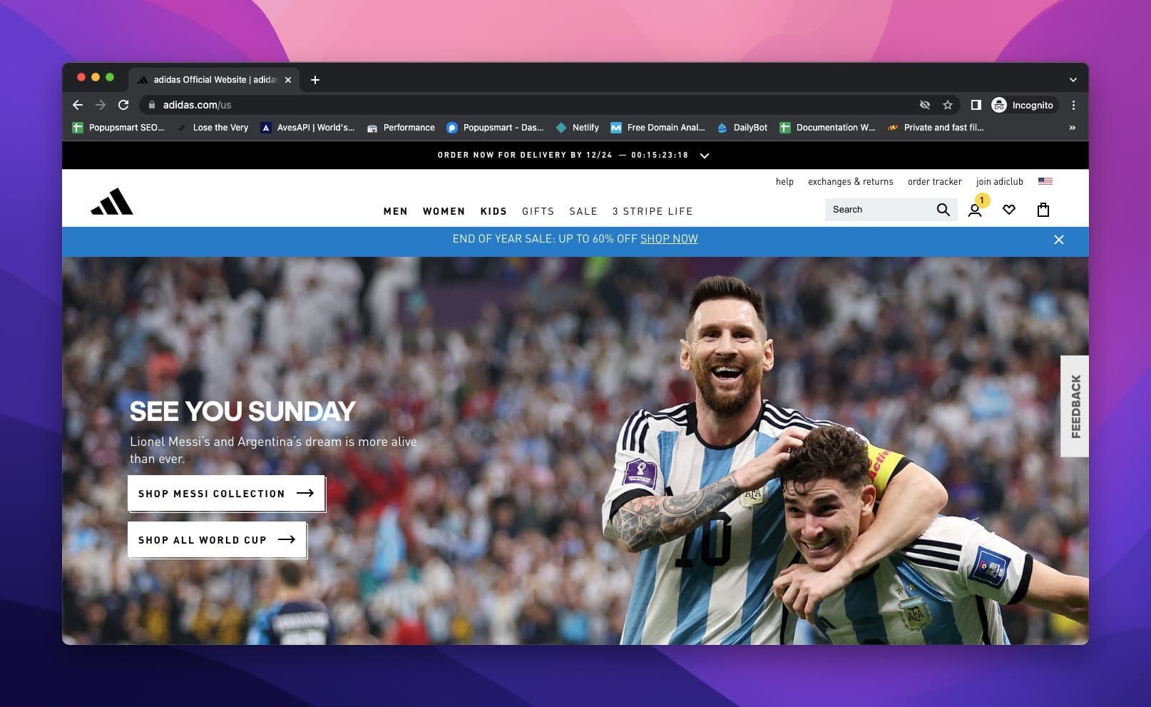 Adidas homepage designed with the footballers, Messi and Alvarez