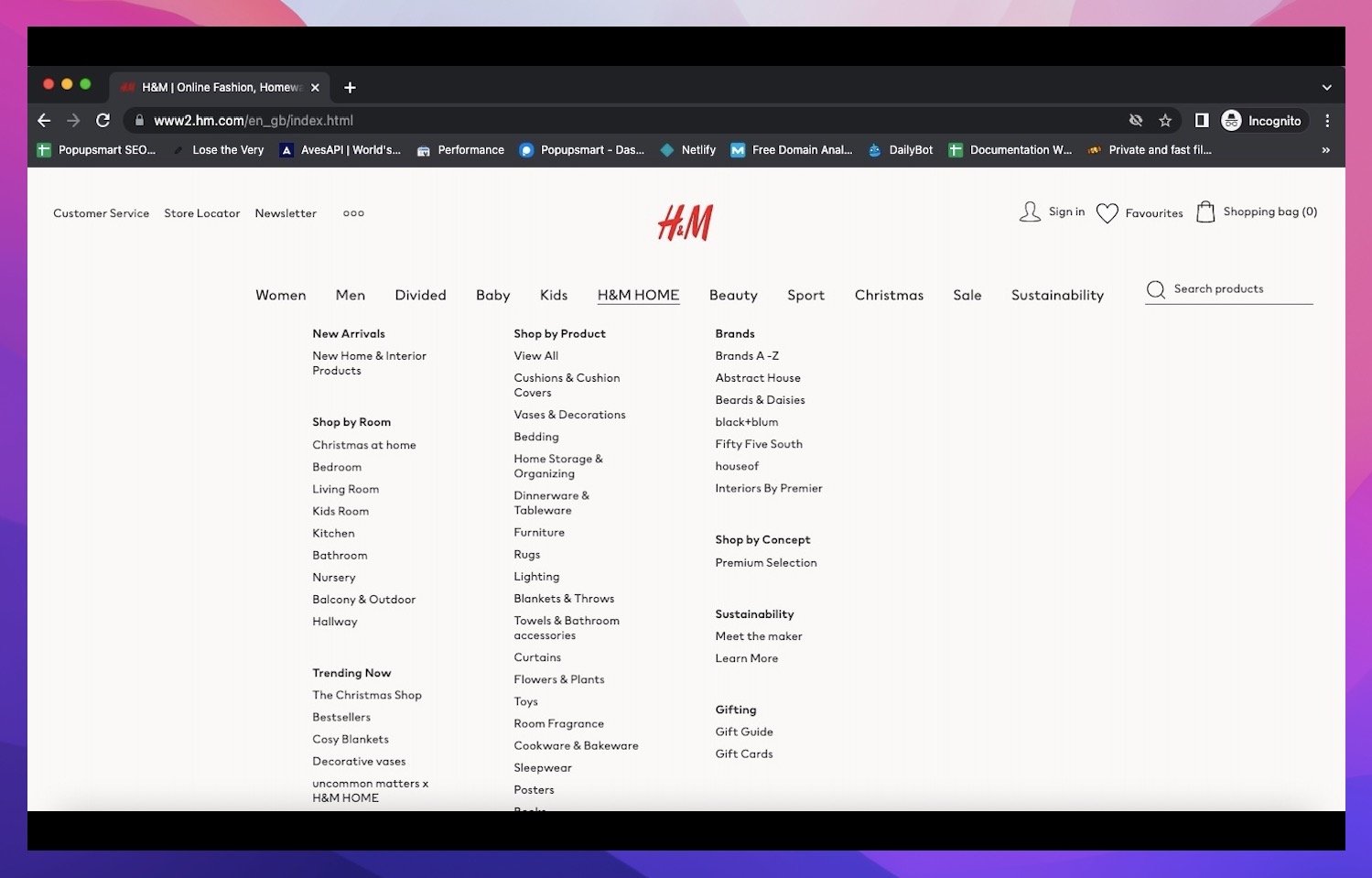 dropdown menu of H&M