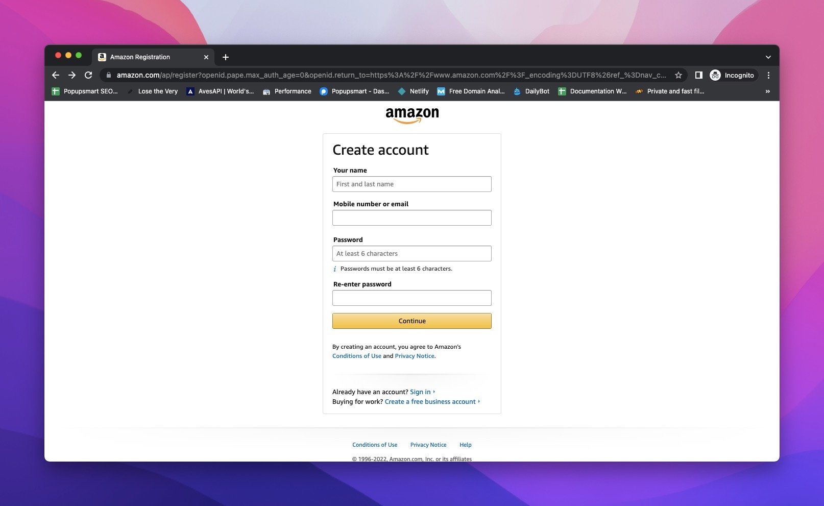 Creating an account on Amazon