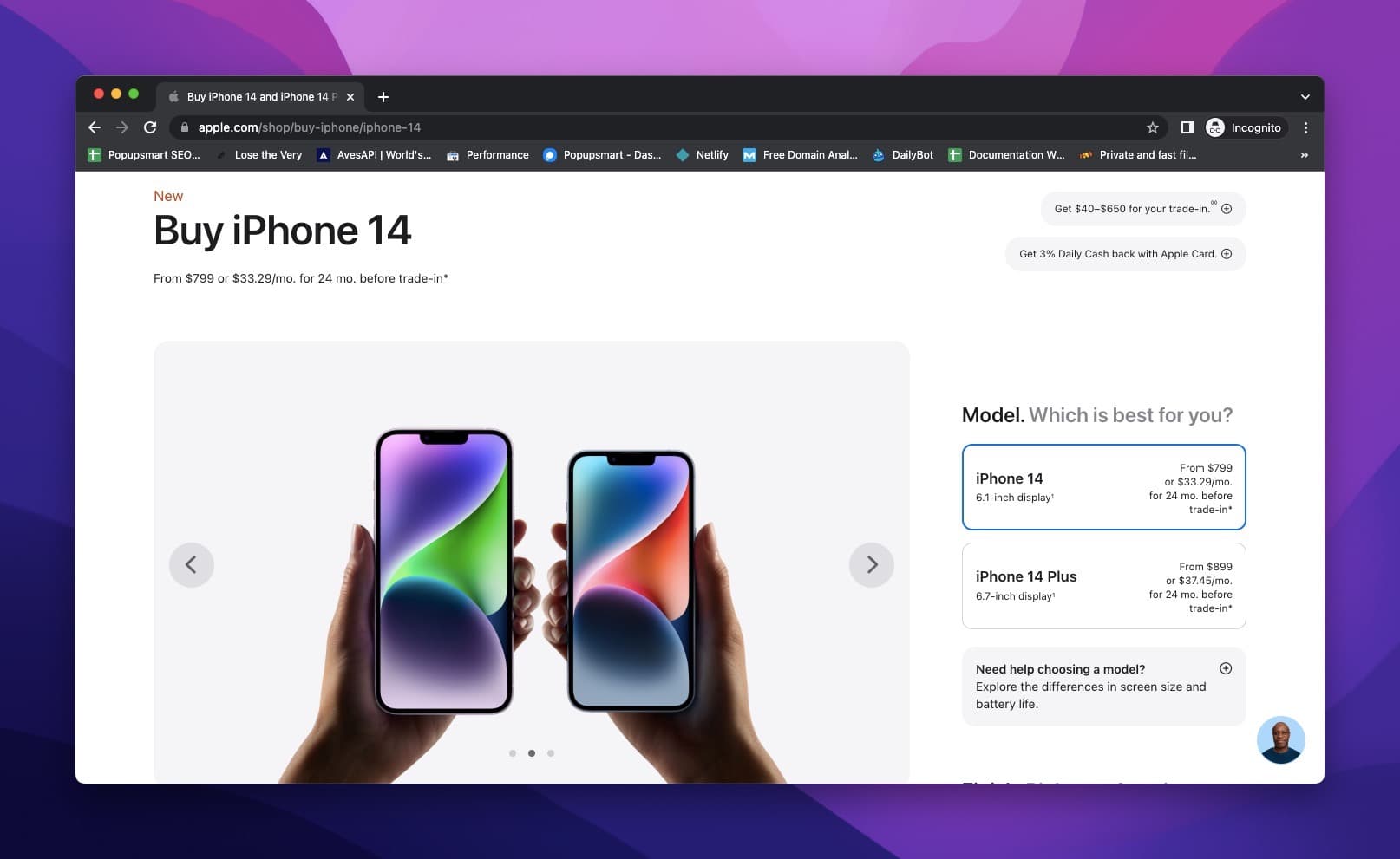 Apple product page with the latest iPhone