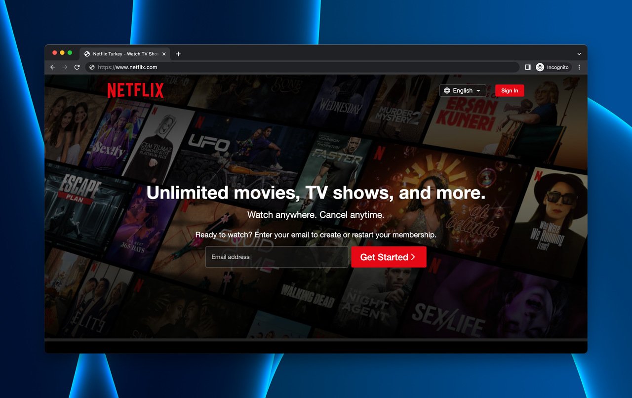 Netflix homepage on a blue background with its featured movies and shows