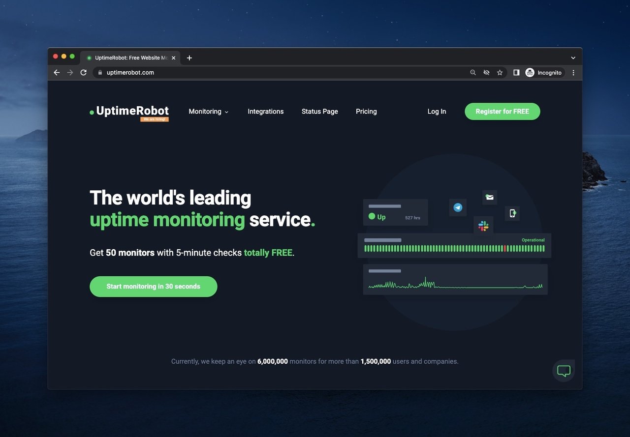 the screenshot of UptimeRobot's homepage which is an uptime monitoring tool