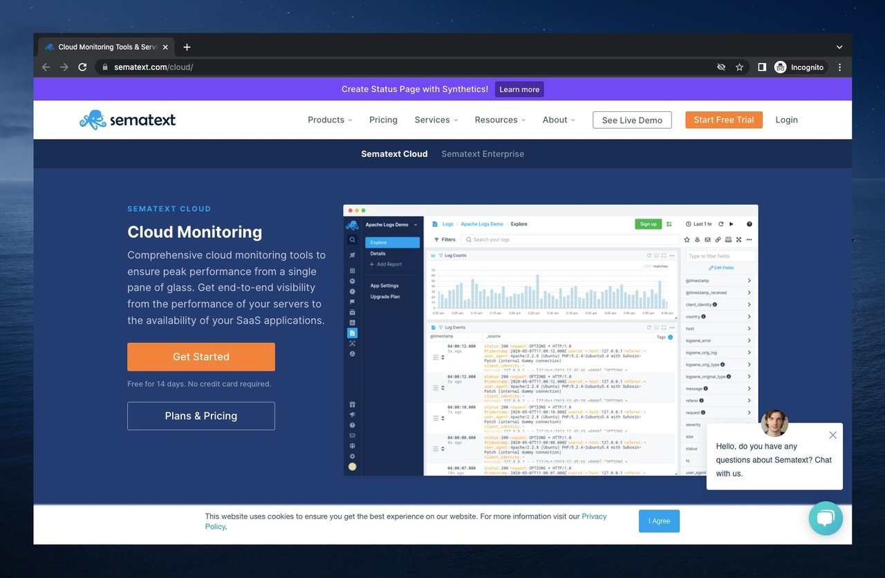 the screenshot of Sematext's homepage which is an uptime monitoring tool