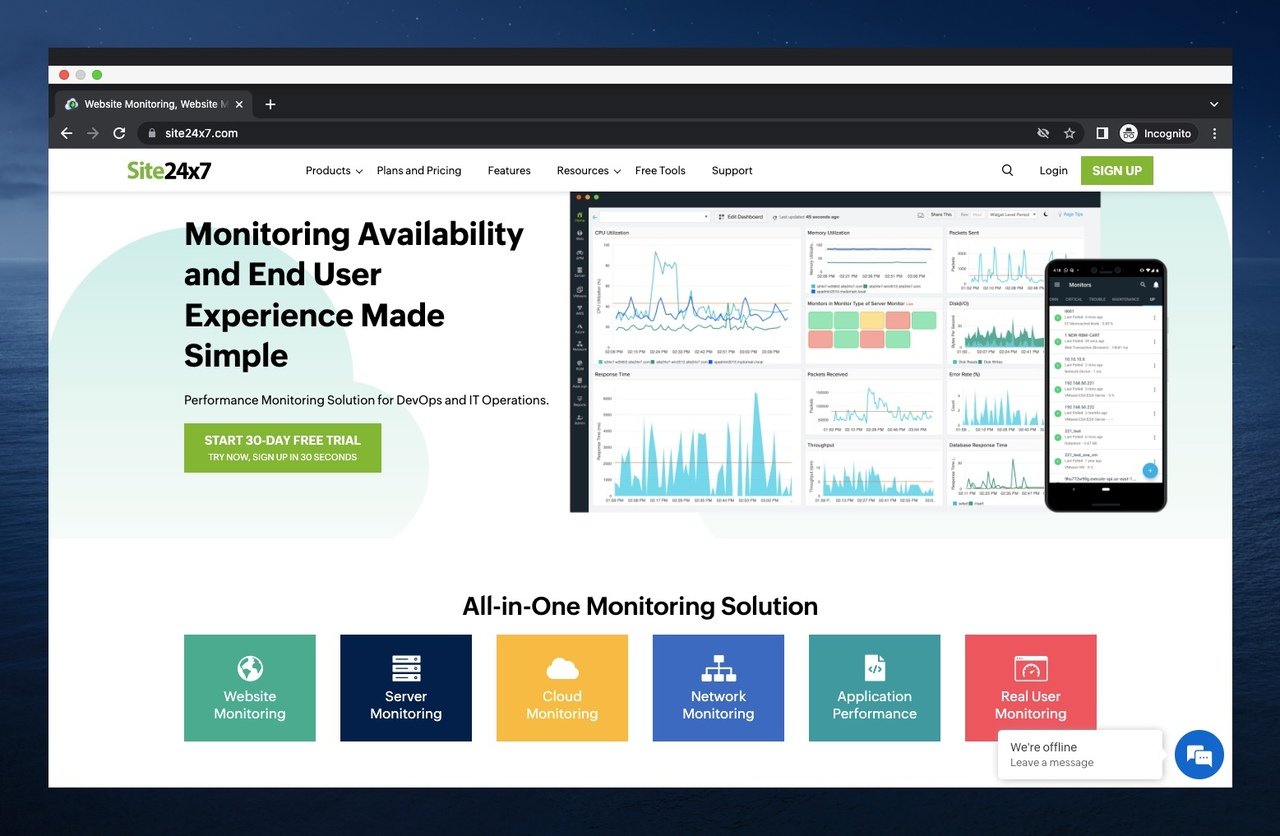 the screenshot of Site 24x7's homepage which is an uptime monitoring tool