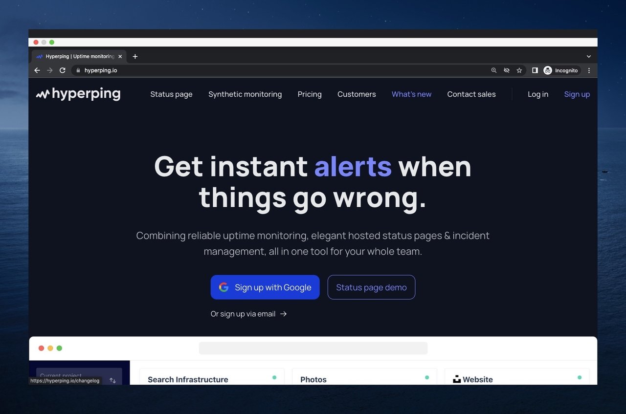 the screenshot of Hyperping's homepage which is an uptime monitoring tool