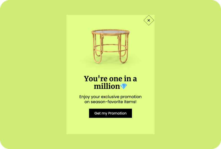 A lightbox popup with a bamboo table image on top followed by a CTA and “Get my Promotion” button