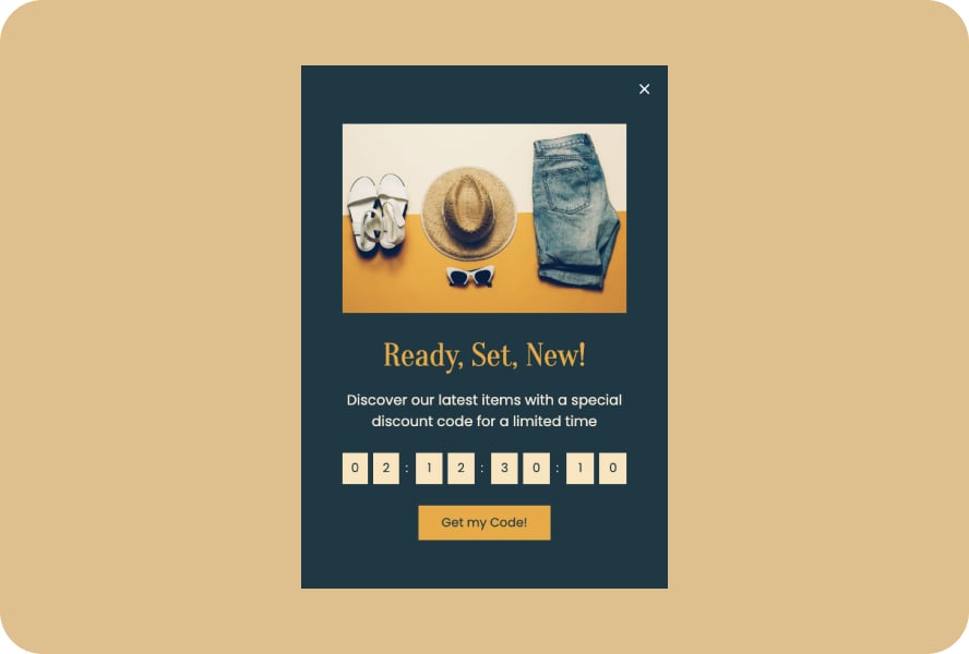 A lightbox popup with an image of sandals, a hat, jeans, a countdown timer, and a “Get my Code!” button below