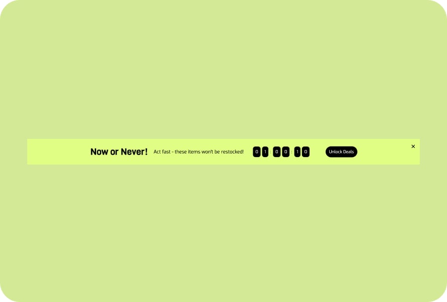 A neon green floating bar popup written “Now or Never!” with a countdown timer and an “Unlock Deals” button