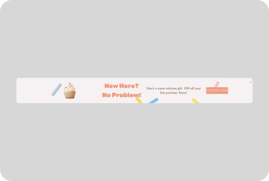 A floating bar popup in the center with a cupcake on the left followed by a short text and a coupon code button on the right