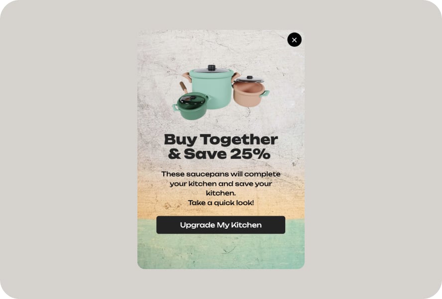 A lightbox product bundle popup with a 3d image of a pastel-colored post followed by a CTA and an “Upgrade My Kitchen” button