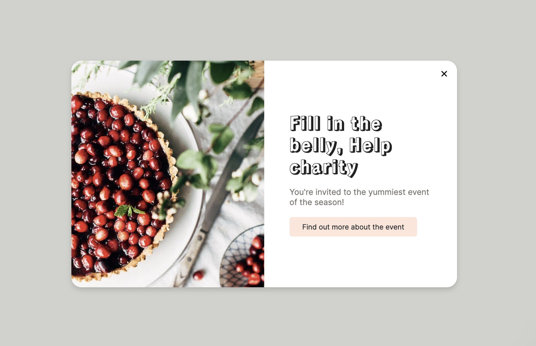 A light popup asking to help charity with a cherry pie image on the left and a “Find out more about the event” button on the right