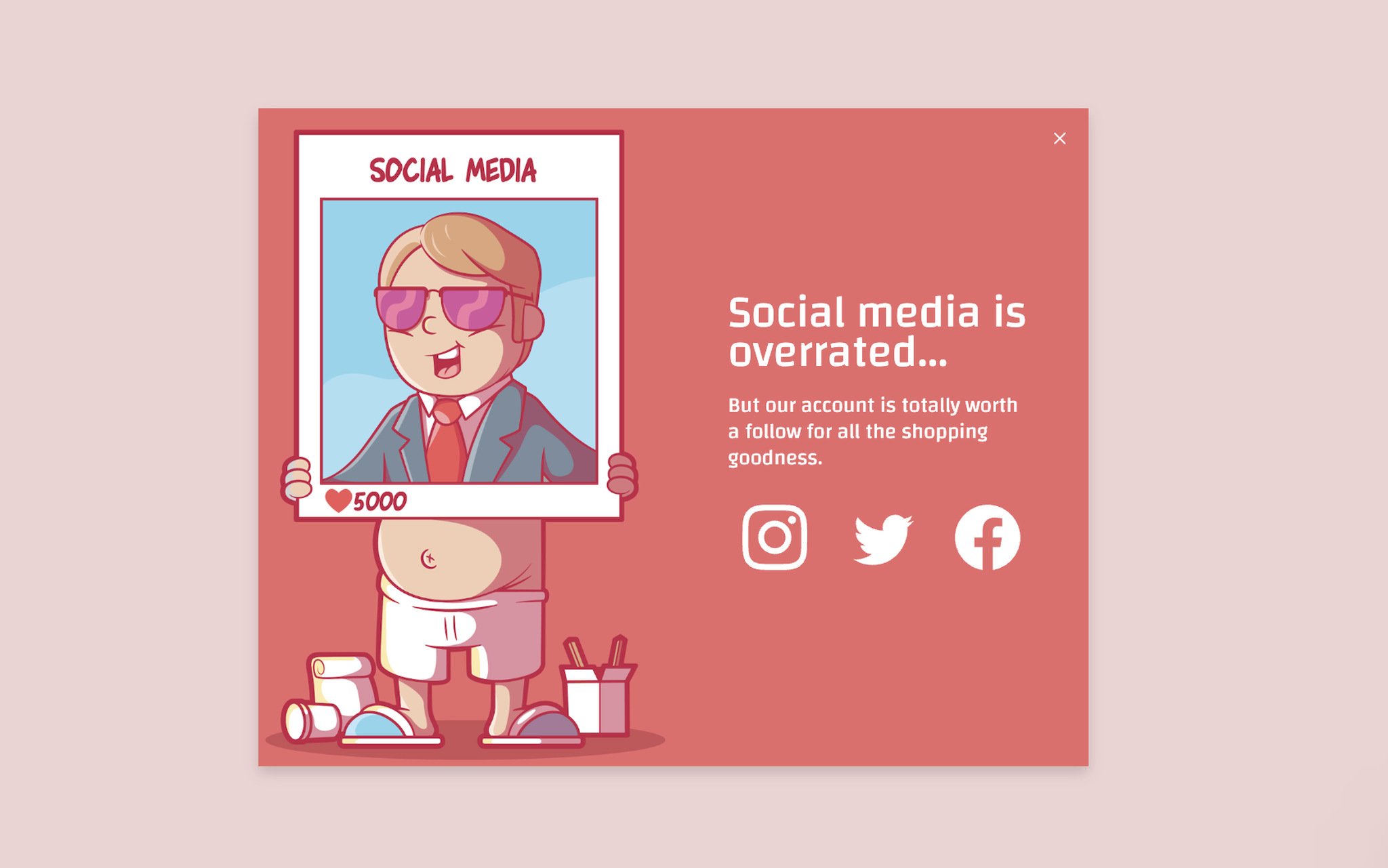 A red lightbox social media popup with the illustration of a man holding a social media frame on the left and social share buttons on the right