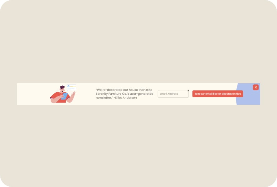 A floating bar popup with a male illustration on the left leaving a review and on the right, there is a review and an email field followed by a button