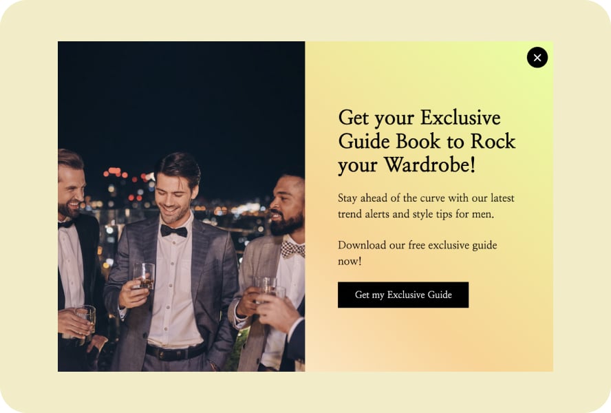 A light popup with an image of three men in suit on the left and a text offering a guide on the right, followed by a “Get my Exclusive Guide” button