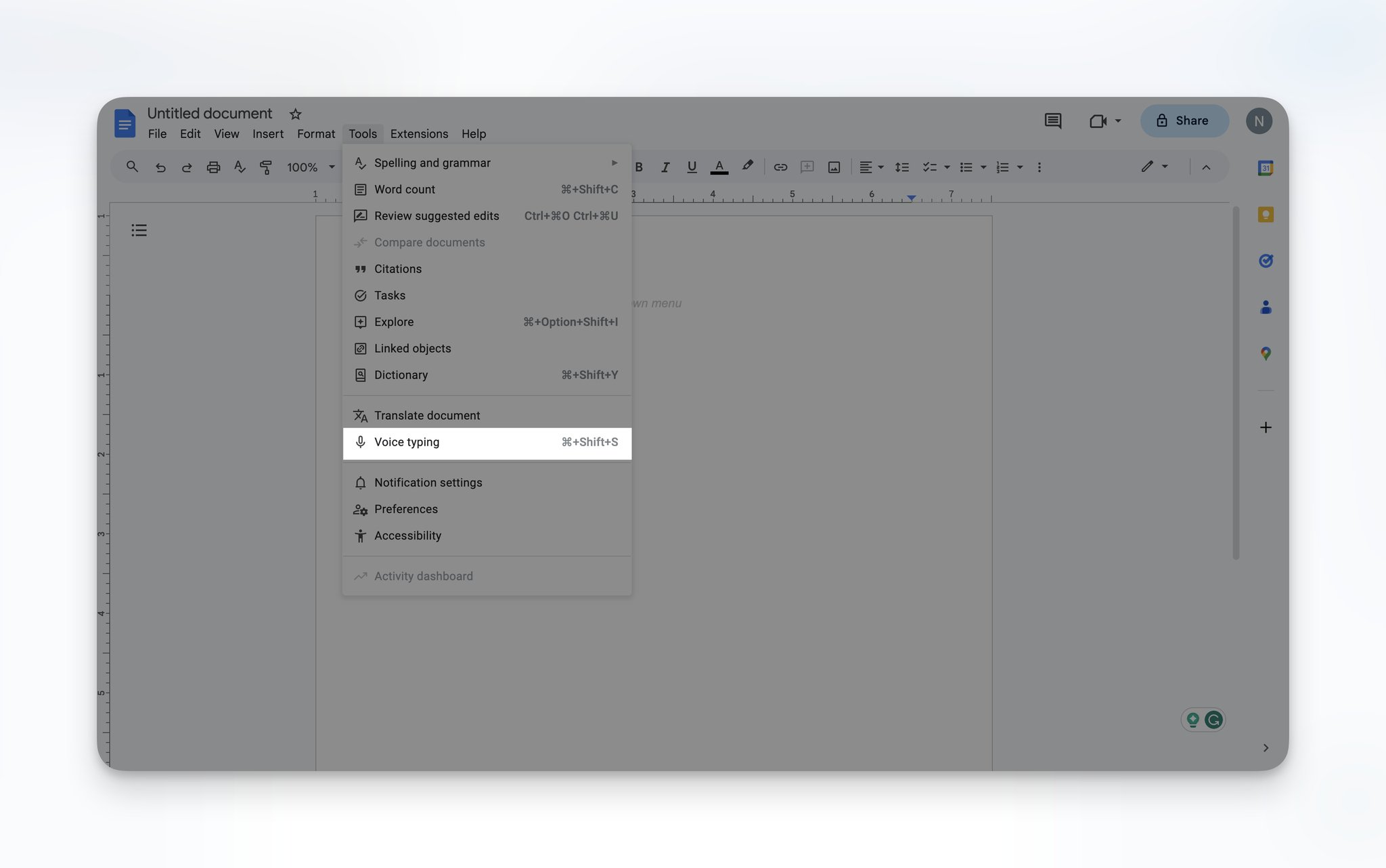 a Google Docs page with the tools dropdown open showing Voice Typing as highlighted