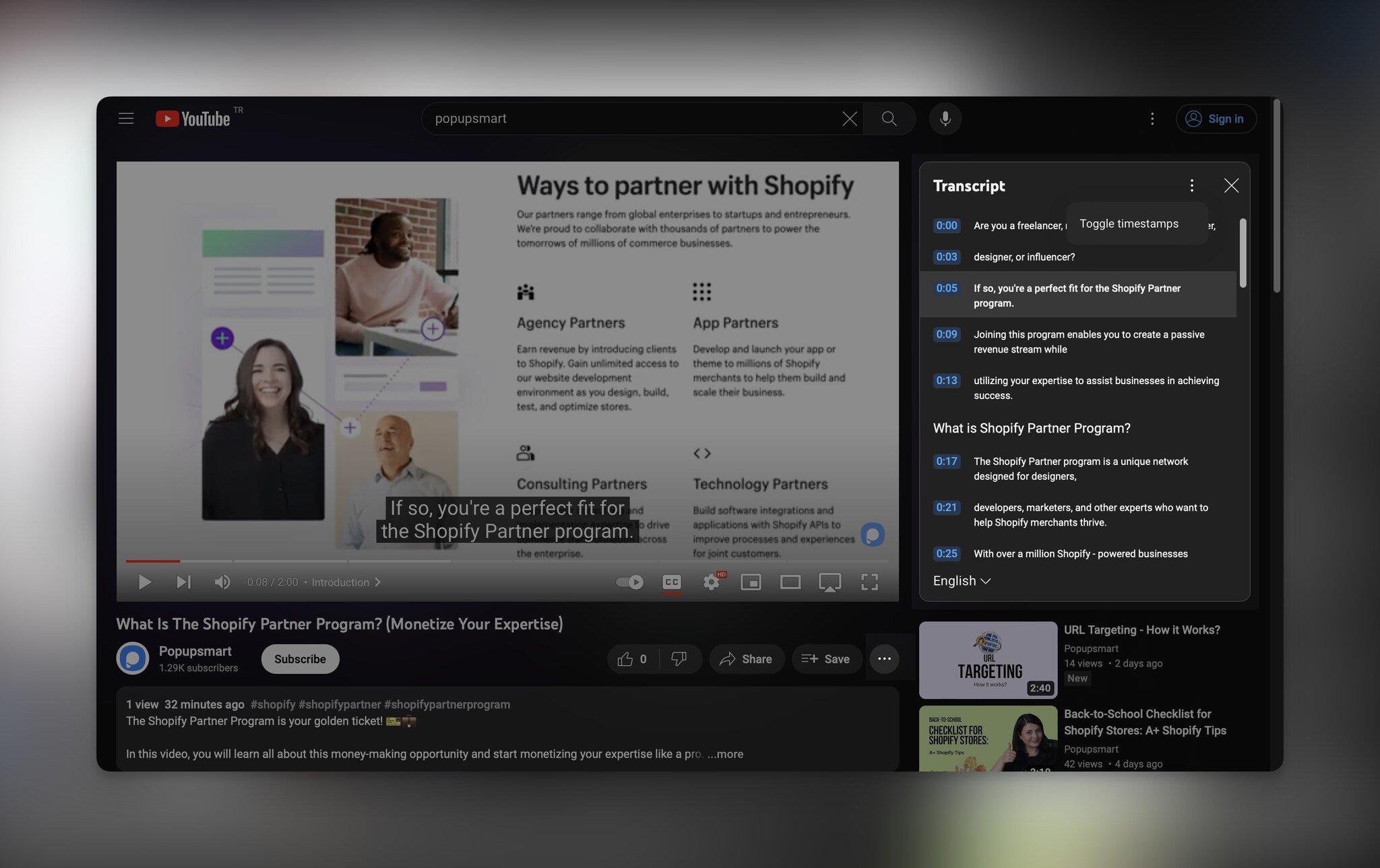 Popupsmart's YouTube video with the transcription on the right shown as highlighted