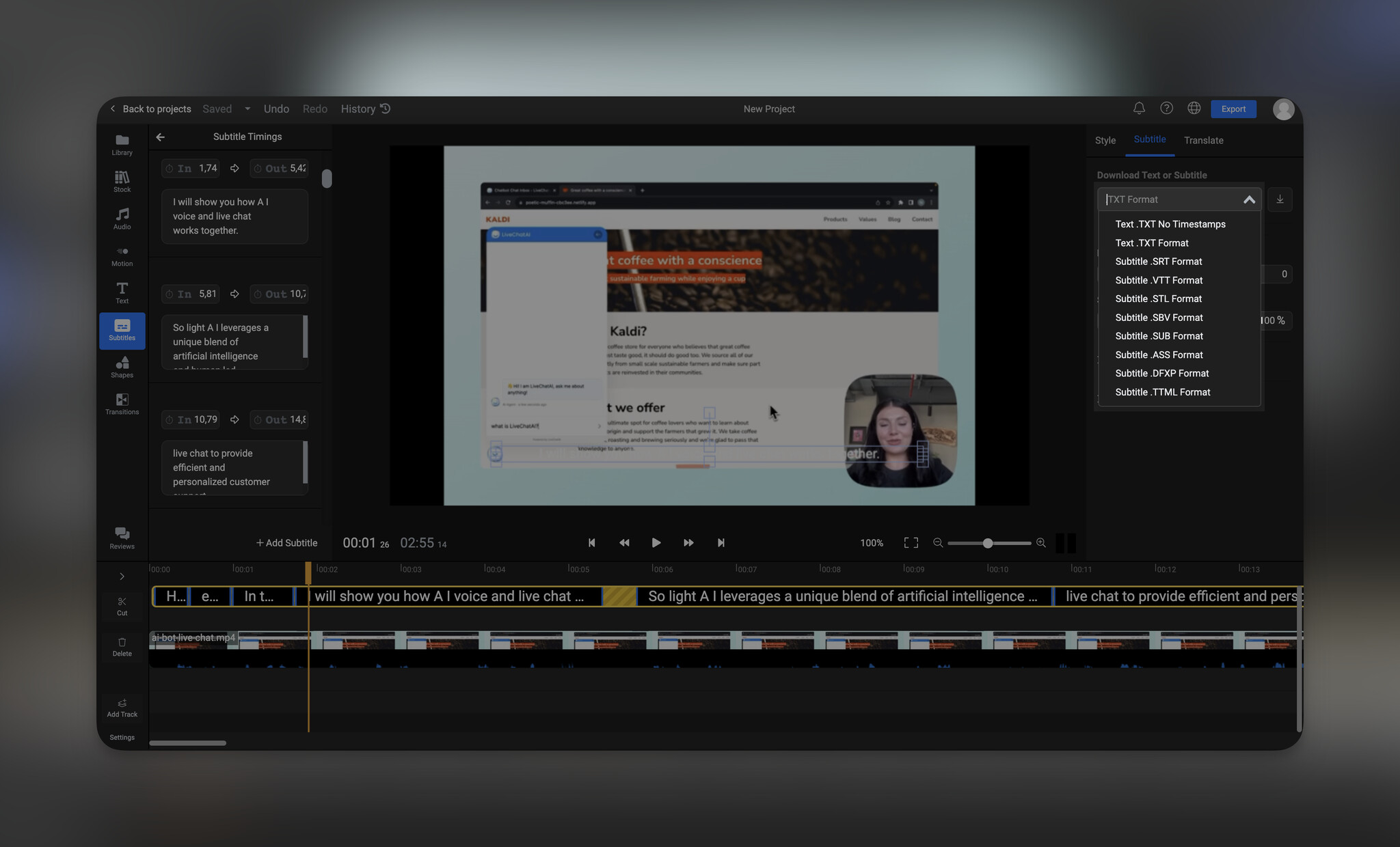 Flixier user interface showing a video in the middle, subtitles on the left and video transcription export formats on the right as higlighted